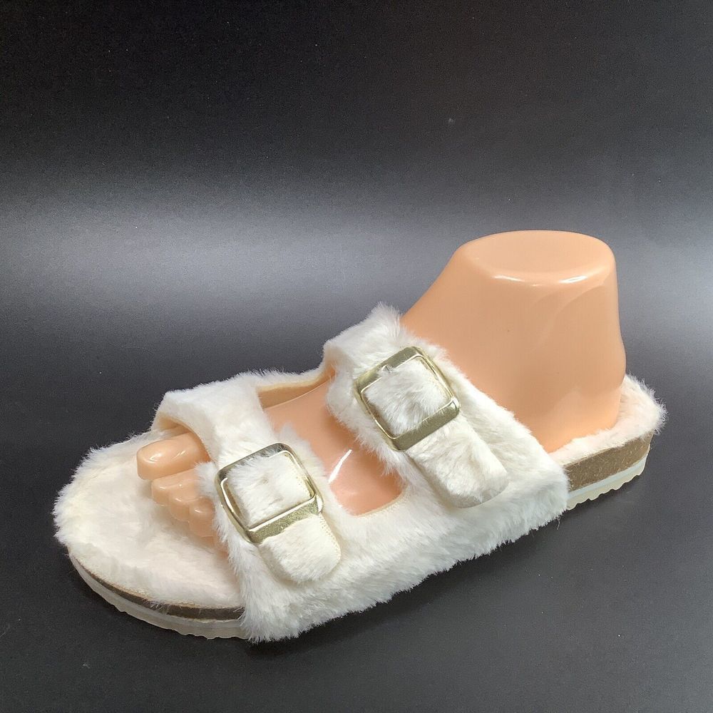 Womans Esmara Flats Sandals Slip On Shoes Off White Gold Tone Buckle EUR 39 US 8